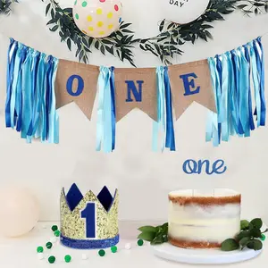 1st Birthday Boy Decorations with Burlap Highchair Banner, Cake Topper, Blue/Gold Hat Crown for Happy First Birthday Party Decoration Supplies - Home Improvement.