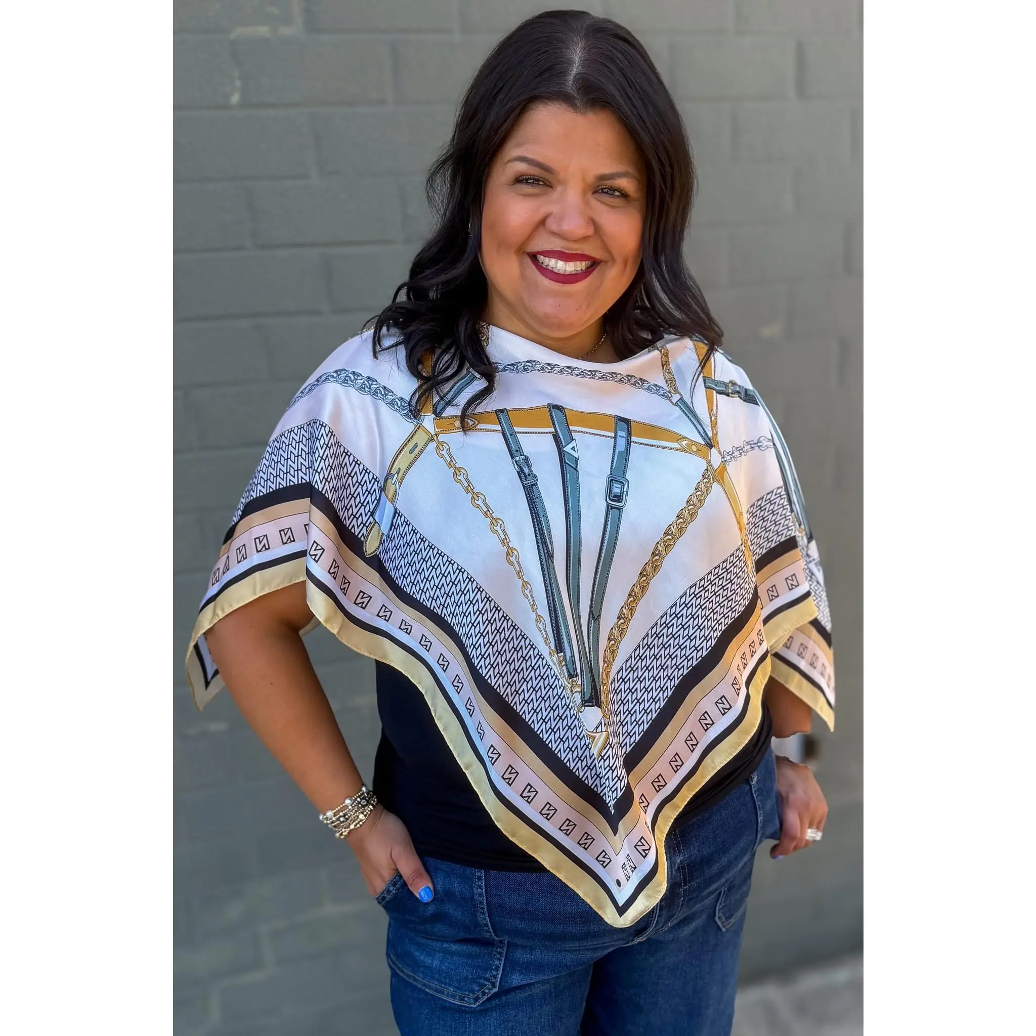 Ivory Belt Print Scarf Poncho