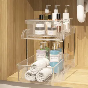 2 Tier Clear Under Bathroom Sink Organizers and Storage, Medicine Cabinet Organizer with Dividers,Pull Out Kitchen Pantry Shelf Cupboard Closet Vanity Organization Bins Basket Plastic