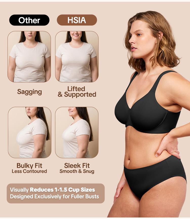 HSIA Joan Comfortzone Cooling Unlined Plus Size Full Coverage Underwire Support Minimizer Bra 1 to 1.5 Cup Sizes Down U Shaped Smoothing Back Wider Cushioned Straps Naked Feel Soft Smoothing T Shirt Bra for Big Bust Women