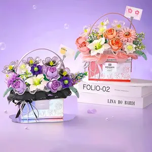 Exquisite Iridescent Pink Misty Purple Gift Box Building Block Bouquet Artificial Rose Desktop Ornament with Lights Girl's Holiday Gift Assembly Building Block Ornament