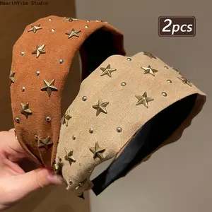 Women's 2pcs Star-Themed Solid Color Wide Sporty Sports Headbands - Non-Slip, Washable for Face Washing, Crown Elevation Hair Accessories