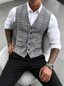 Men's Fashion Casual Slim Fit Classic Plaid Gingham Vest Suit Jacket, Stylish Outerwear for Everyday Wear, Trendy Menswear Clothing, Perfect for Layering