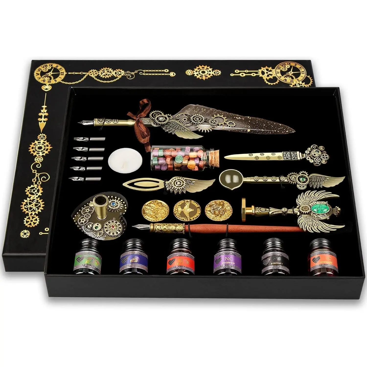 Quill Pen and Ink SetFeather Pen Ink Set, Wax Seal  Set,  Calligraphy Pen Set, Valentine's Day Gift for Writing Lovers Birthday Gift, Various Holiday Ideal Gift (Grey)