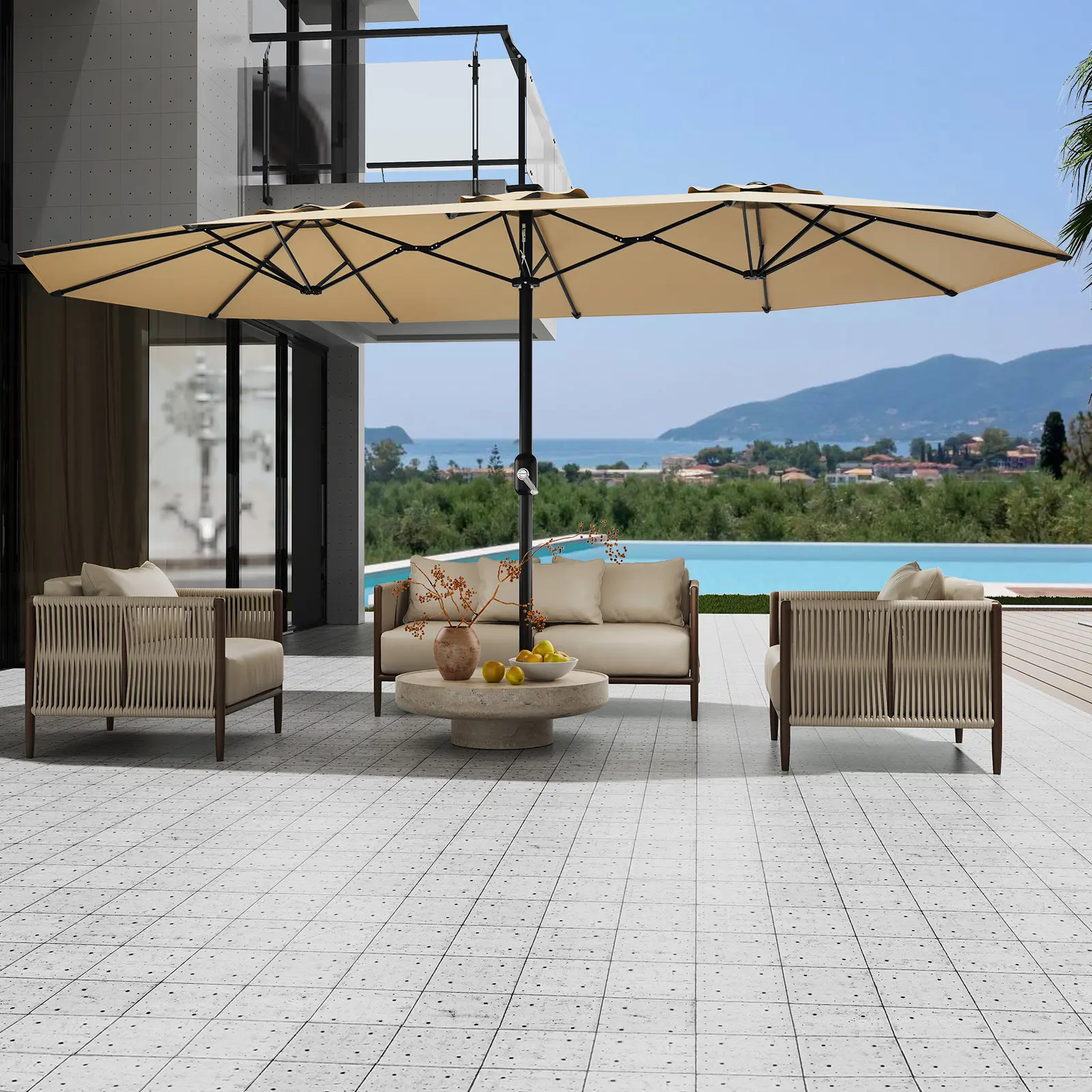 Garvee 15'×9' Double-Sided Patio Umbrella with Base, UPF50+ Rectangular Outdoor Market Umbrella with Crank Lift for Poolside, Deck & Backyard, Beige