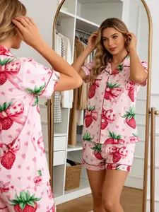 Strawberry All-Over Print Women's Pajama Set, Casual Loose-Fit Sleepwear, High-Quality Fabric, Suitable for All Seasons