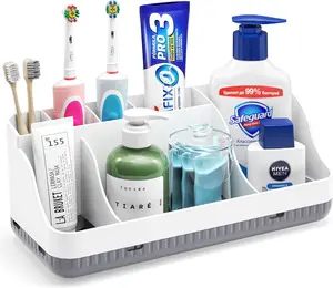Bathroom Counter Organizer and Storage, 7 Slots Detachable Toothbrush Holders for Bathrooms, Anti-Slip Electric Toothbrush and Toothpaste Holder Countertop Vanity Organizer Accessories for Adults Kids