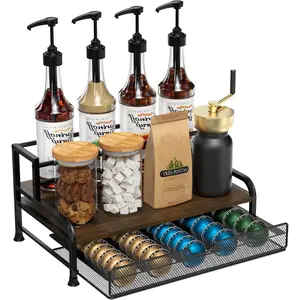Coffee syrup rack organizer, 3-tier syrup rack holding 8 bottles with a pod holder drawer for Nespresso pods, holds up to 30 large capsules or 40 small capsules, countertop coffee bar organizer for kitchen cafes