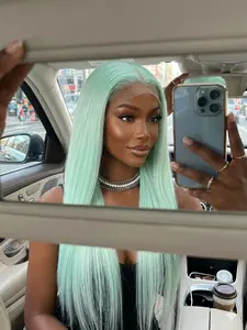 Mint Green Wig Long Striaght Hair Pre-Plucked Hairline Heat Resistant Synthetic Glueless Hair 28 Inch Gift for Her Free Part for Natural Look