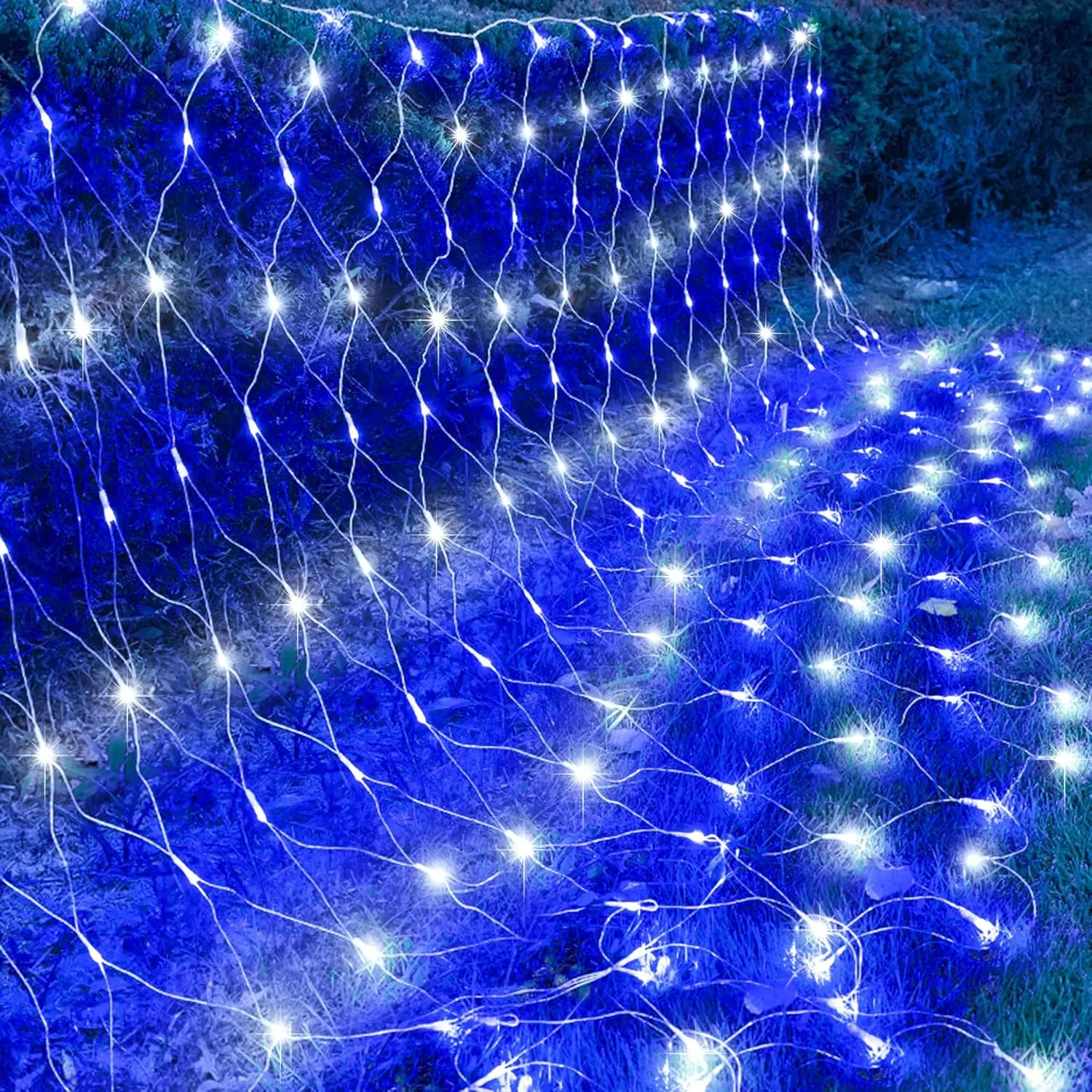 Outdoor Christmas Net Lights, 198 LEDs 9.8FT x 6.6FT Net Light, Connectable 8 Twinkle Modes Hanging Mesh Lights for Garden Bush Window Christmas Decorations (Blue&White)