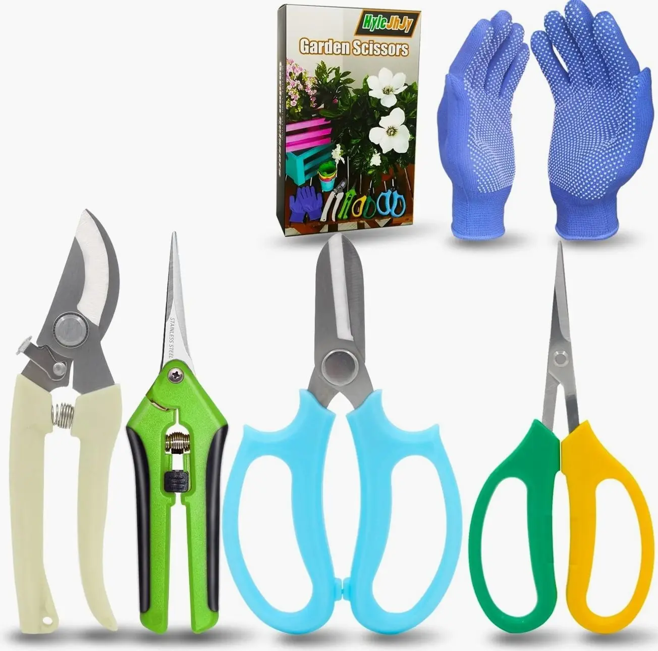 Garden Pruning Shears Garden Scissors Herb Scissors Florist Scissors Floral Snips Bonsai Scissors Hand Pruner with Gardening Gloves,Stainless Steel Straight Tip and Curved Blades