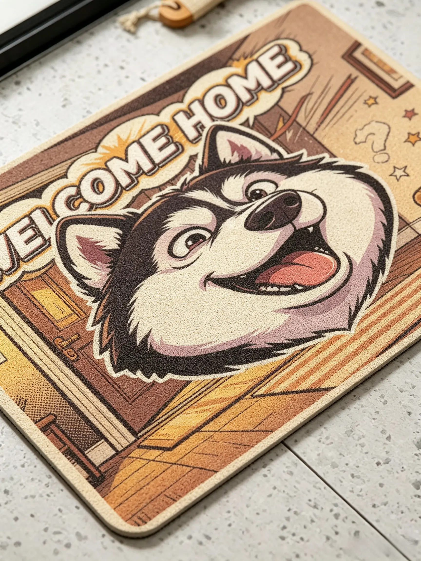 Funny Retro Husky Welcome Home Diatomaceous Earth Mat, Non Slip Absorbent Entrance Doormat, American Cartoon Decor Rug for Bathroom Front Door Indoor