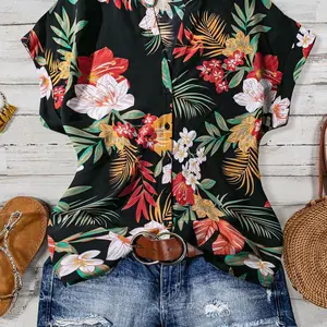 Plus Size Casual Shirt with Butterfly Pattern, Moderate Thickness for All Seasons, Fitted Top for Ages 25-54