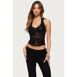 Bead & Sequin Sheer Mesh Halter Top