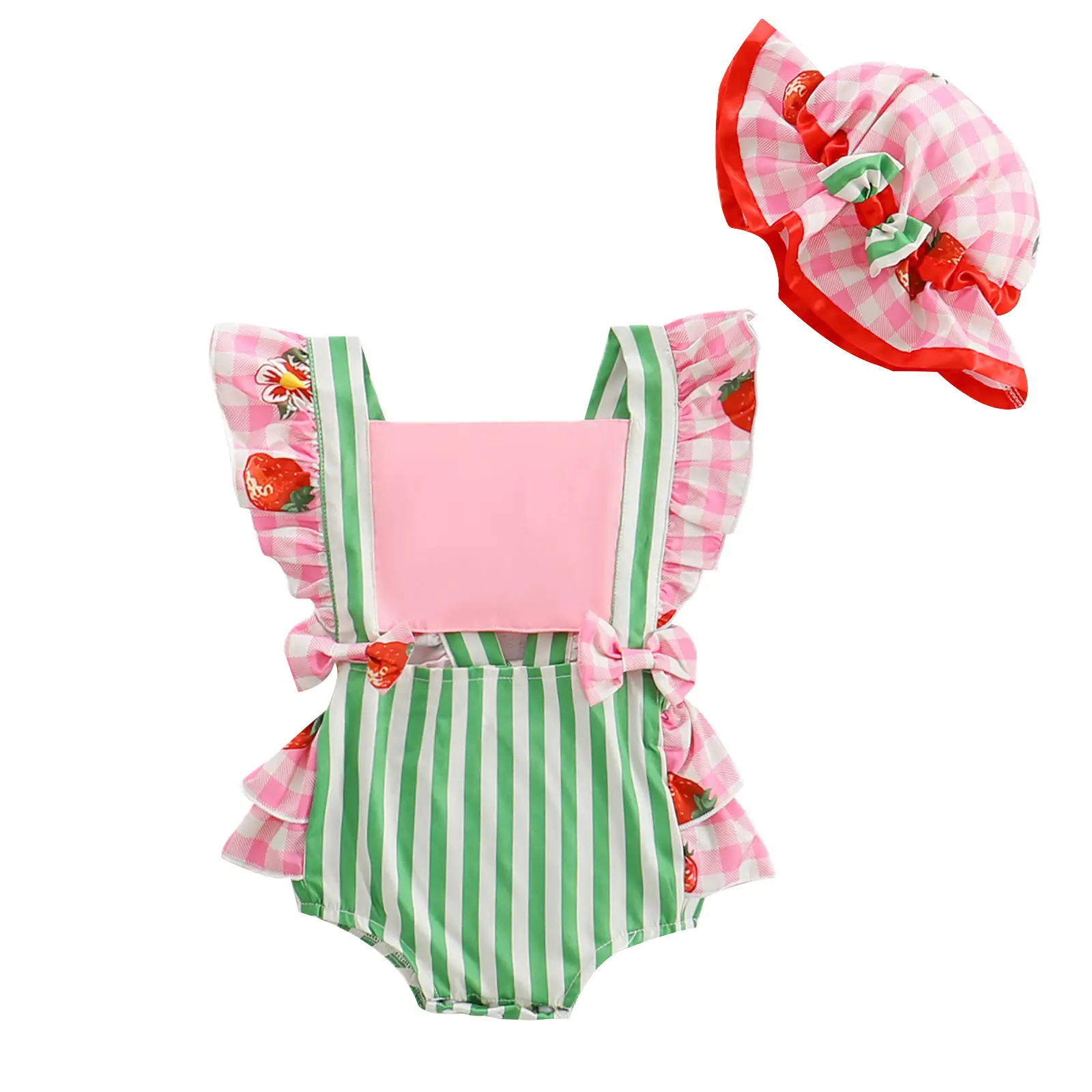 Baby Girls Rompers Strawberry Print Stripe Fly Sleeve Ruffles Jumpsuits Summer Clothes Bodysuits with Hat 0-18M Striped