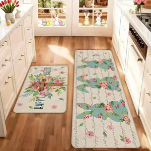 2 count Easter Kitchen Mat Set, Easter Bunny Floral Striped Rug, Non-Slip Soft Low Height, Spring Summer Home Decor, Holiday Cooking and Celebration, Floral Area Rugs, Home Decorative Rugs