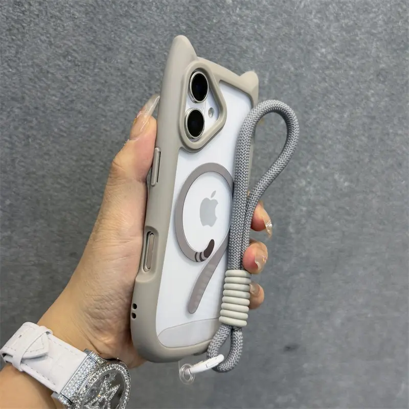 Cute Cat Ear MagSafe Phone Case for iPhone 11/12/13/14/15/16 Pro Max, 15/16 Plus, Transparent PC-TPU Armor Cover with Wrist Strap Chain, Mobile Phone Accessories