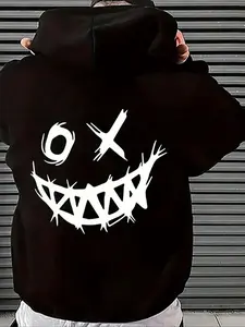 Men's Regular Fit Smile Face Print Drop Shoulder Hoodie, Fashion Casual Drawstring Pocket Hooded Sweatshirt for Daily Holiday Outdoor Wear, Men Clothes for Fall & Winter