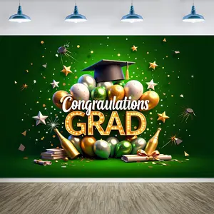 Graduation Party Banner - Congrats Grad Cap & Balloons Design, Fabric Backdrop for Photo Booths, Indoor/Outdoor Graduation Decor, Festive Graduation Party Decoration