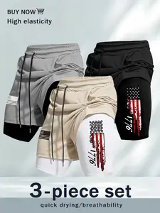 Summer Anti-Exposure Gym Shorts 3-Pack, Multi-Color Options, Dual-Layer Design, Patriotic Flag Pattern, Ideal for Fitness, Streetwear Essentials