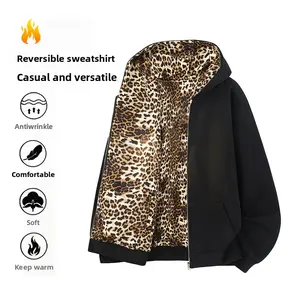 Men's Fleece-Lined Sweatshirt for Autumn & Winter – a casual hooded style with leopard print on one side, reversible design, pockets, and made of 55% cotton and 45% polyester. This trendy cardigan jacket is ideal for daily casual wear and sports.
