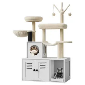 [NEW] Garvee 55-Inch Litter Box Enclosure with Cat Tree, 2-in-1 Modern Large Cat Tower for Indoor Cats with Condo/Hammock/Scratching Post/Plush Perch/Caves, Wooden Hidden Litter Box Furniture