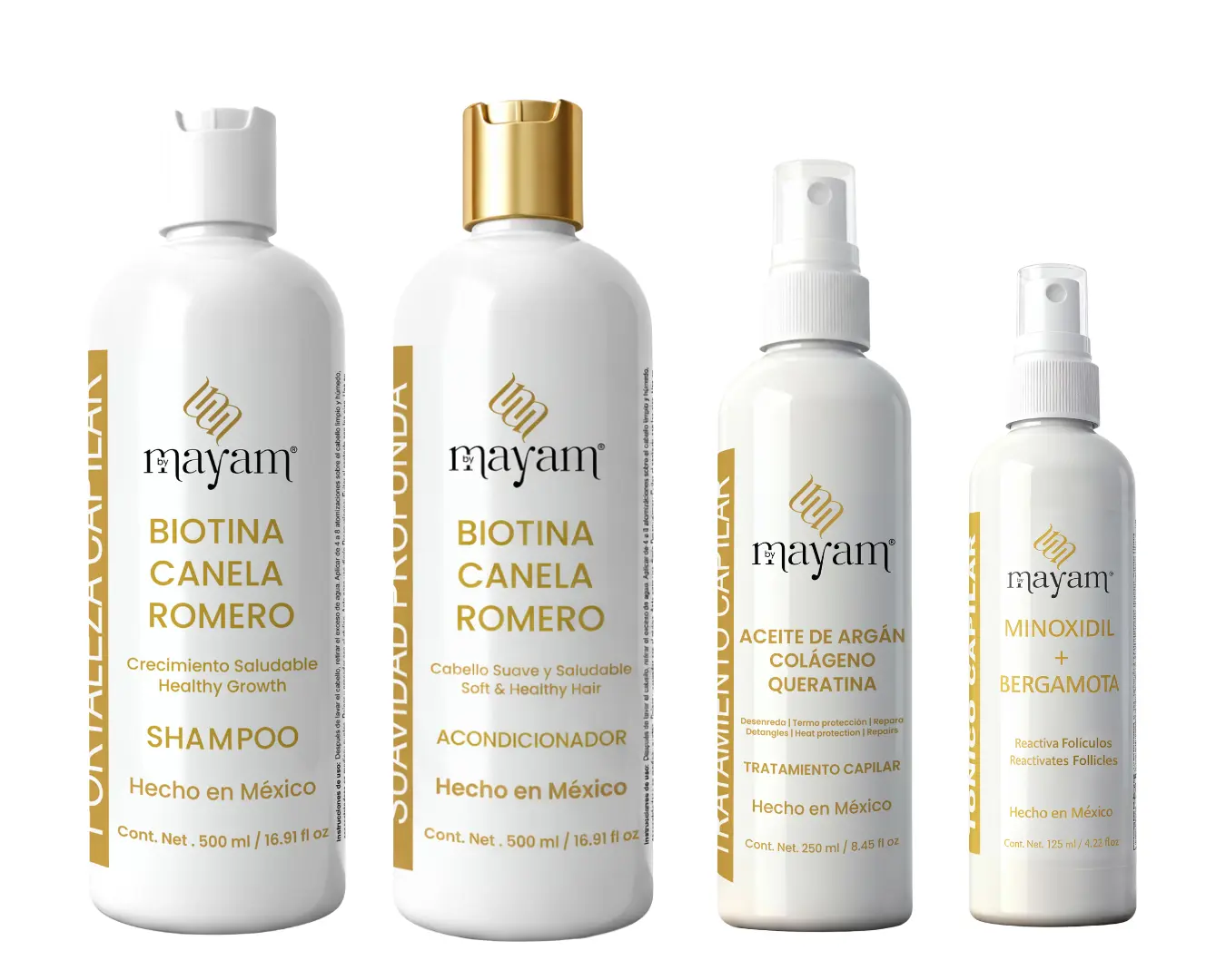 Mayam Beauty 4 STEP Hair Bundle– Biotin, Rosemary & Cinnamon Formula + Minoxidil Tonic 500ml Shampoo & Conditioner + 125ml Tonic  + Leave-in Conditioner 200ml| Made in Mexico Gentle