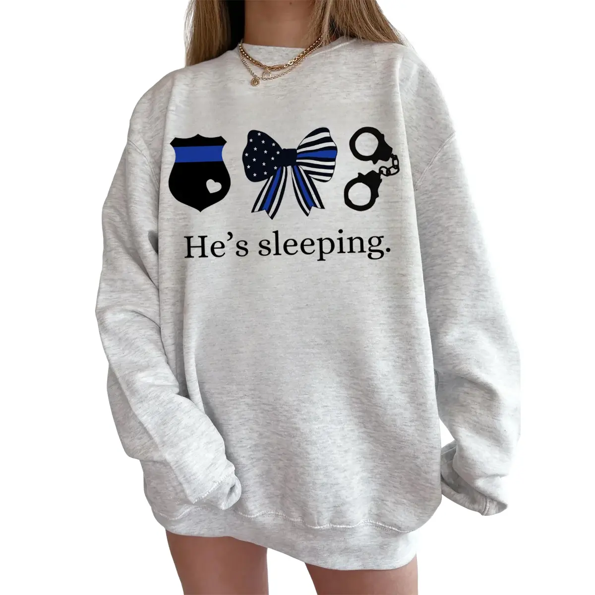 He’s Sleeping Police Wife Crewneck Sweatshirt, Thin Blue Line Bow Graphic Pullover, Cop Spouse Gift