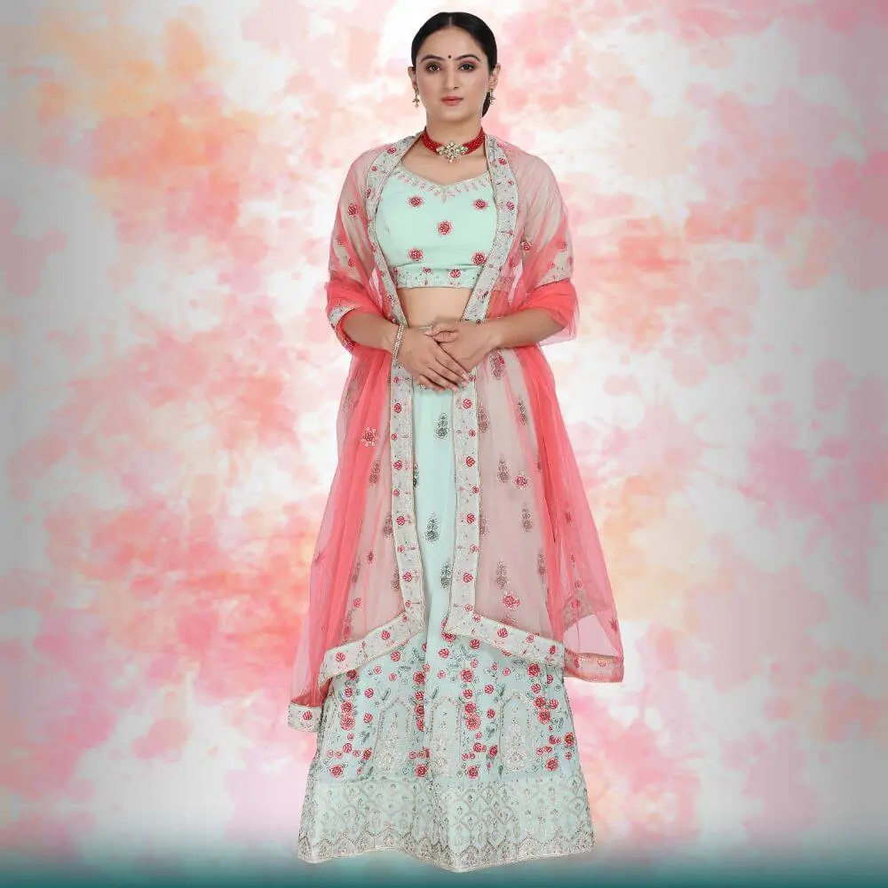 Chiro's By Jigyasa Georgette Lehenga with readymade blouse - green