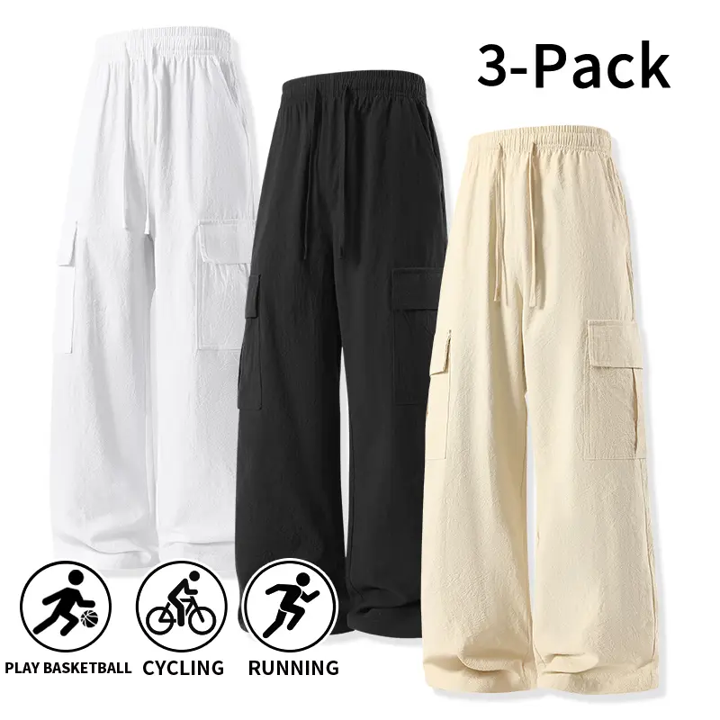 3-Pack Textured Wrinkle Cargo Wide-Leg Casual Pants, High-Waisted Drawstring Parachute Pants with Large Pockets & Loose Straight Fit, Versatile Streetwear Cargo Pants for Outdoor Activities, Workouts and Daily Commute; Available in Single Piece / 2-Piece