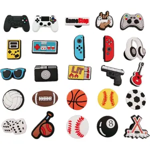SQ-BR064 25 30 Pieces Sports Shoe Charms for Boys Men Video Game Camping Fishing Clogs Shoe Decorations Charms Accessories for Kids Party Favor Slippers Indoor Football-25Pcs