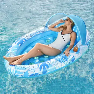 Pool Floats with Canopy - XL Oval Pool Raft Inflatable Float for Adults with Adjustable Sun Shade Cover, Swimming Pool Tanning Float Lounge Floating Mat Cup Holders, Removable Backrest
