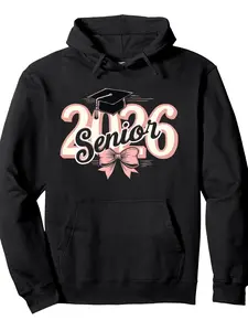 Men's Class of 2026 Graduation Hooded Sweatshirt - Heavyweight 260gsm Cotton Senior Hoodie with Senior 2026 Lettering & Diploma Cap Design, Adjustable Hood & Kangaroo Pocket - Black with Pink Lettering for Winter Warmth, Graduation