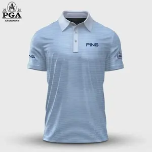 Men's 2026 PGA Hales Stripe Cottage Blue AOP Polo Shirt Stylish Comfy Performance Golf Apparel