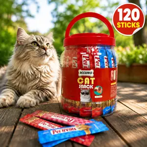 Mewno Squeezable Lickable Cat Puree Treats, 120 STICKS 2 Tubs Value Bundle, 3 Mixed Flavors Chicken Yolk Cod Roe Tuna Salmon Abalone Beef, High Moisture Grain-Free Daily Cat Snacks for Kitten & Adult Cats
