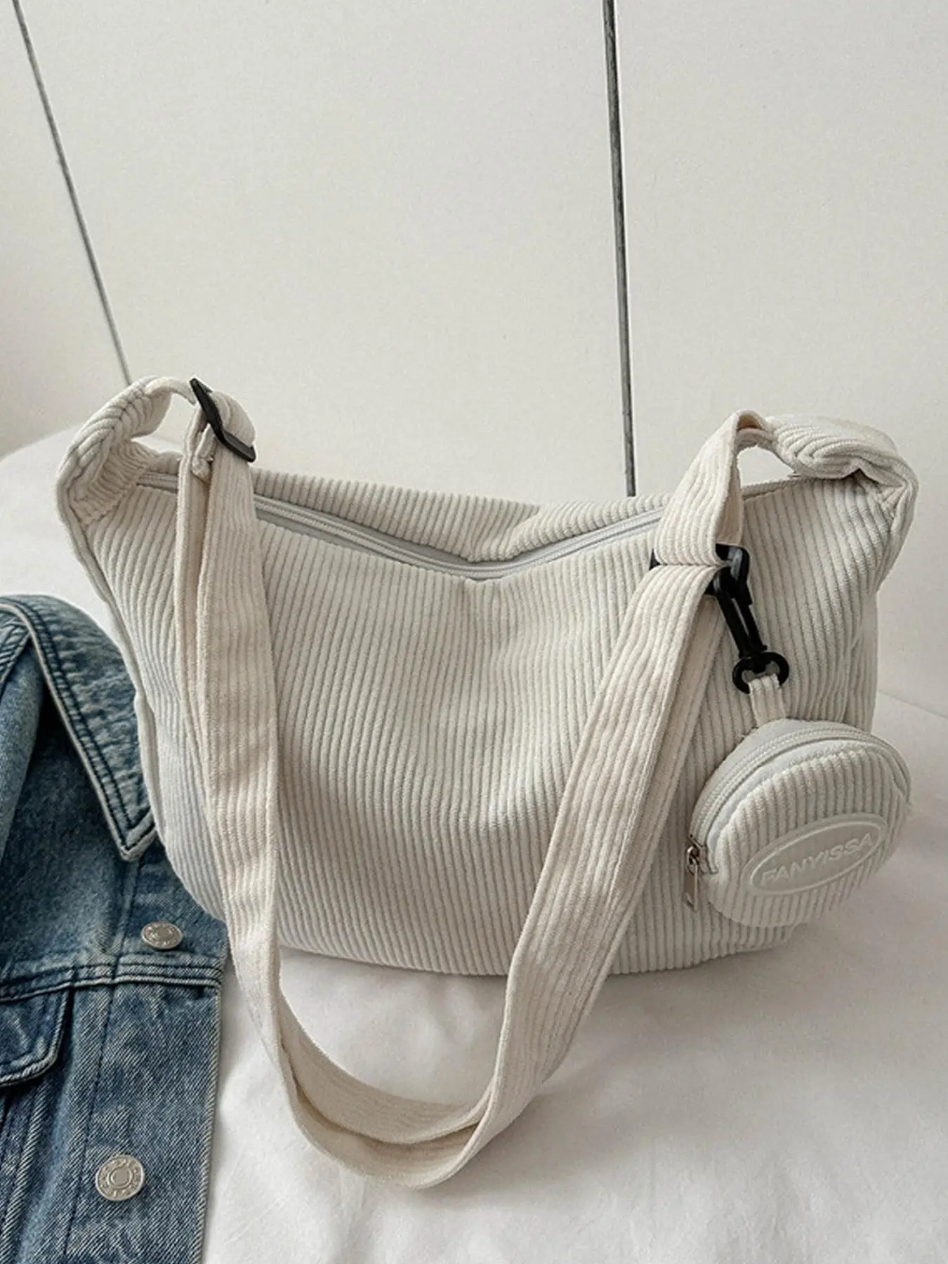 Women's Casual Plain Corduroy Zipper Crossbody Bag & Small Coin Purse, Large Capacity Shoulder Bag & Coin Purse, Fashionable Bag Set for Daily Life