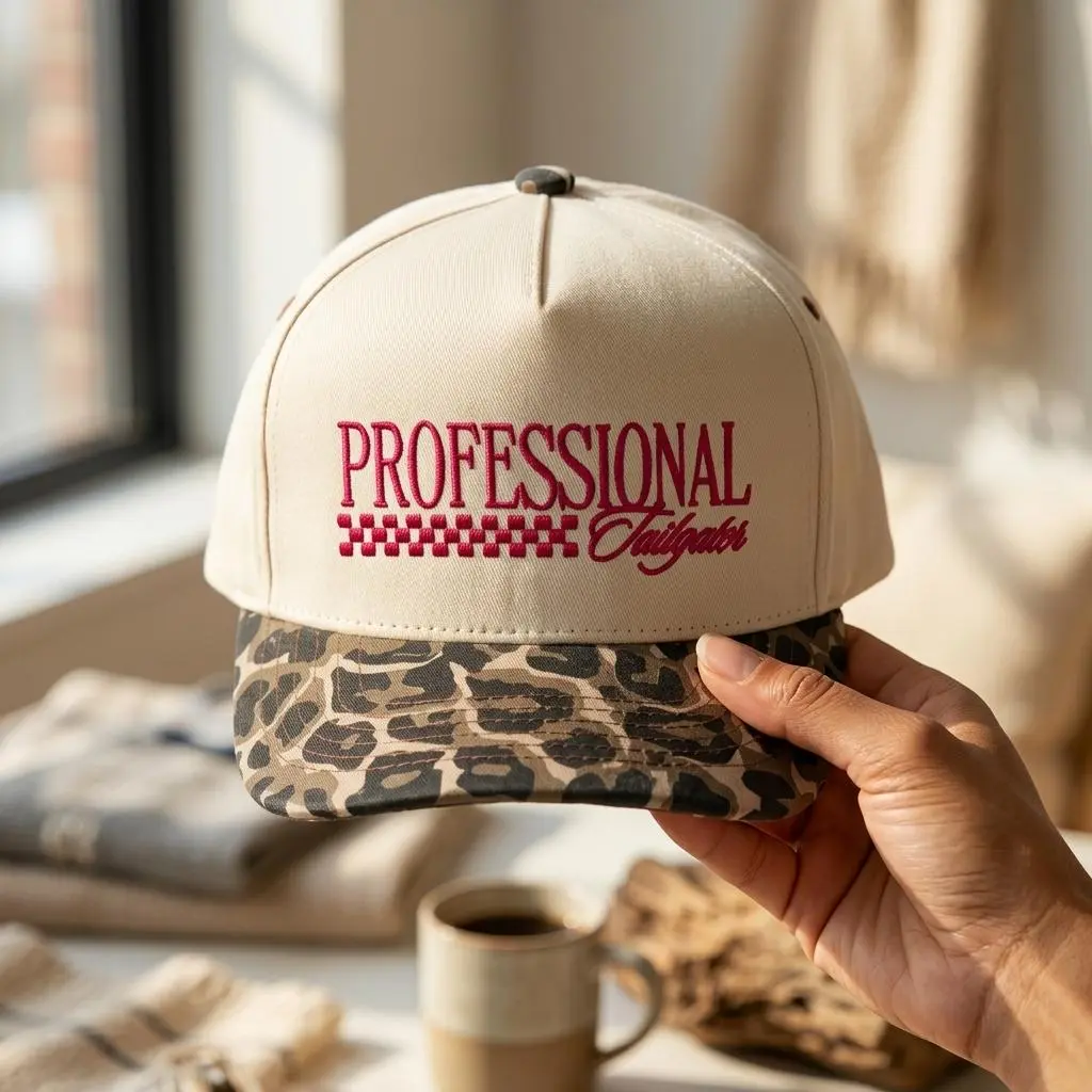 Professional Tailgater Embroidered Trucker Hat, Cream Baseball Cap with Leopard Print Brim, Adjustable Snapback Game Day Hat for Women and Men