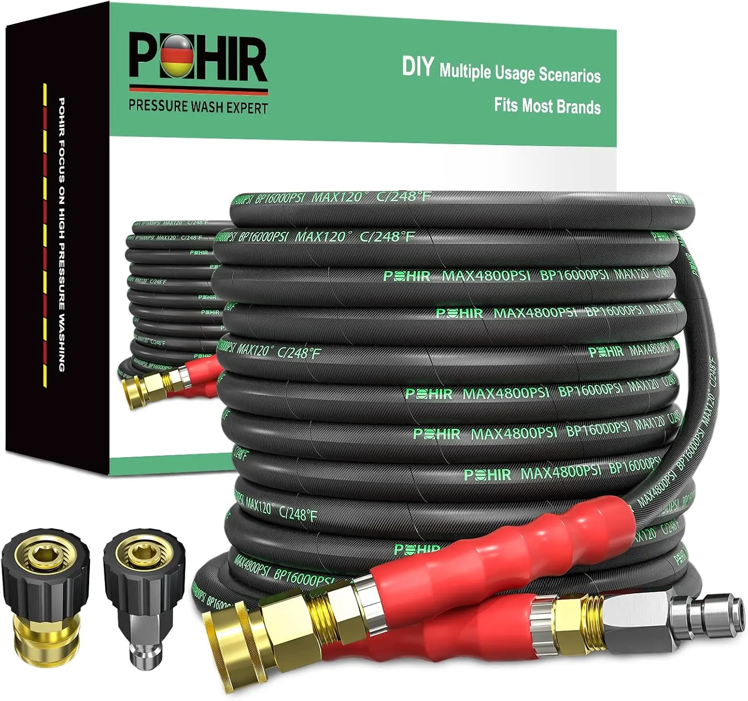 POHIR 3/8'' High Pressure Washer Hose, 3/8 Quick Connect, 4800 PSI Industrial Grade Reinforced Steel Wire Leak Proof Lightweight Flexible Hose, High Pressure Hose