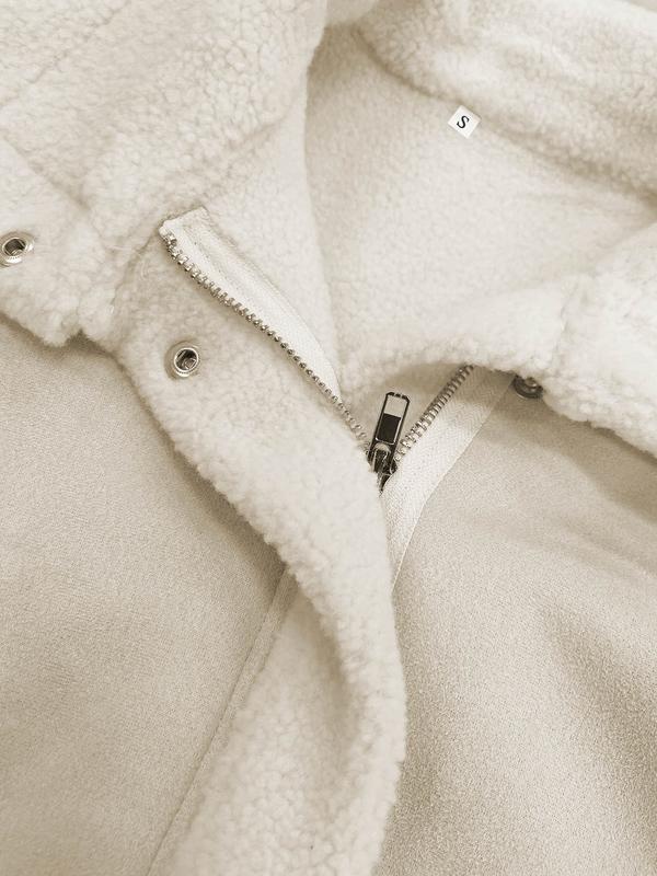 Women's casual loose fur coats, short lamb wool jackets, bomber jackets, flight jackets, with zipper closures, large lapels and side pocket designs, fashionable cold-resistant coats, street-style long-sleeved tops Outerwear