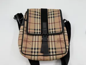 Pre-owned BURBERRY canvas Backpacks Classic Equestrian Check Messenger Bag Beige with Black Leather Trim B1611662701