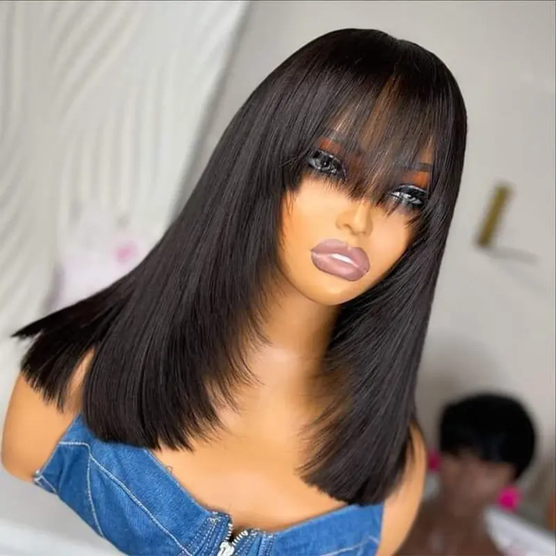 Human Hair Bob Wigs With Bangs Straight Short Human Hair 4x1 Transparent Lace Glueless Blunt Cut Silk Wear and Go Lace Wig Natural Color Breathable Bangs for Women