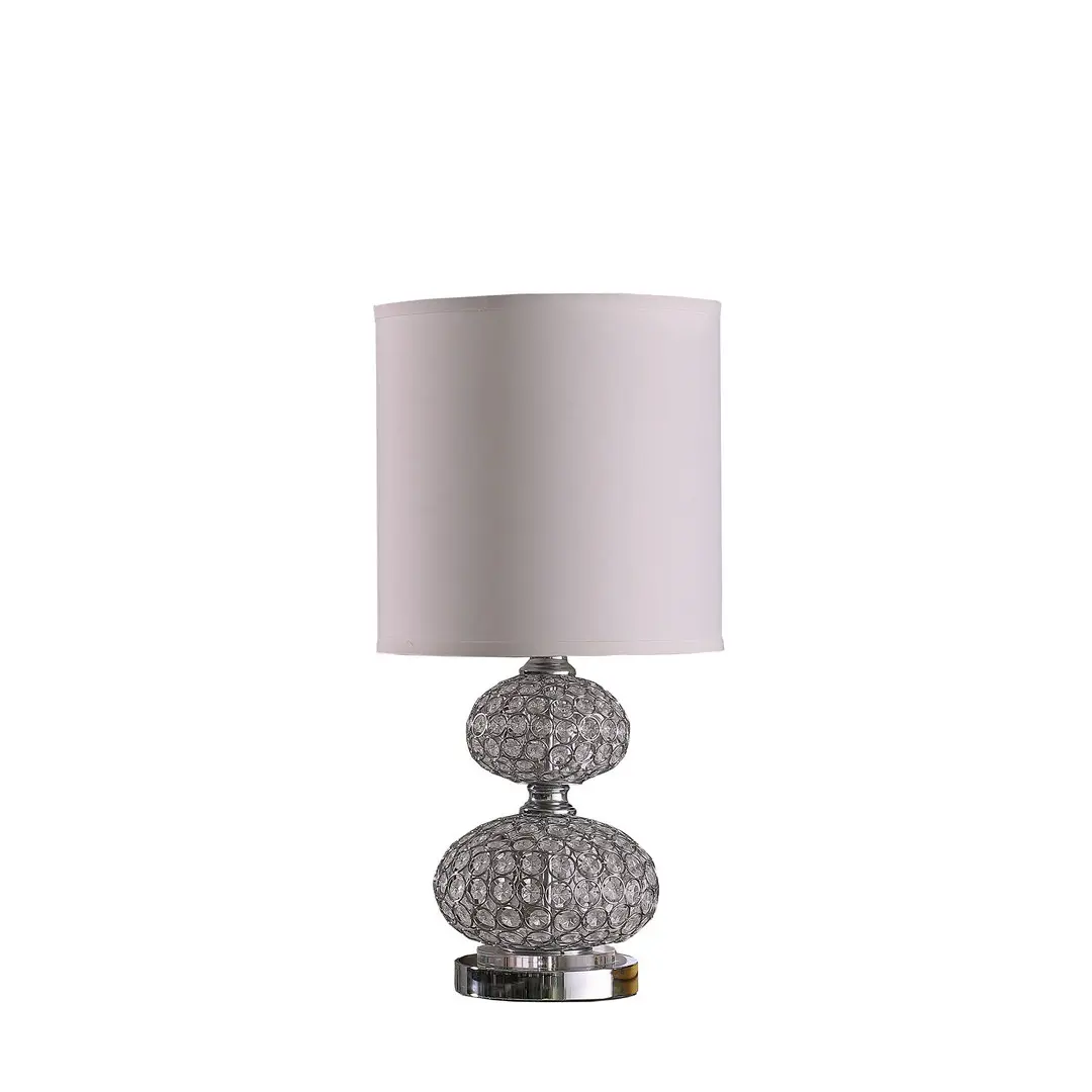 24 in Vintage Crystal Beads Decorative Table Lamp, 1-Pc Fully Assembled, Max 100-W CFL, White Cotton and Linen Natural Drum Shade, Chrome Metal On/Off Cord (4" L x 0.15" W x 8.75" H) for Home Improvement Indoor Lighting