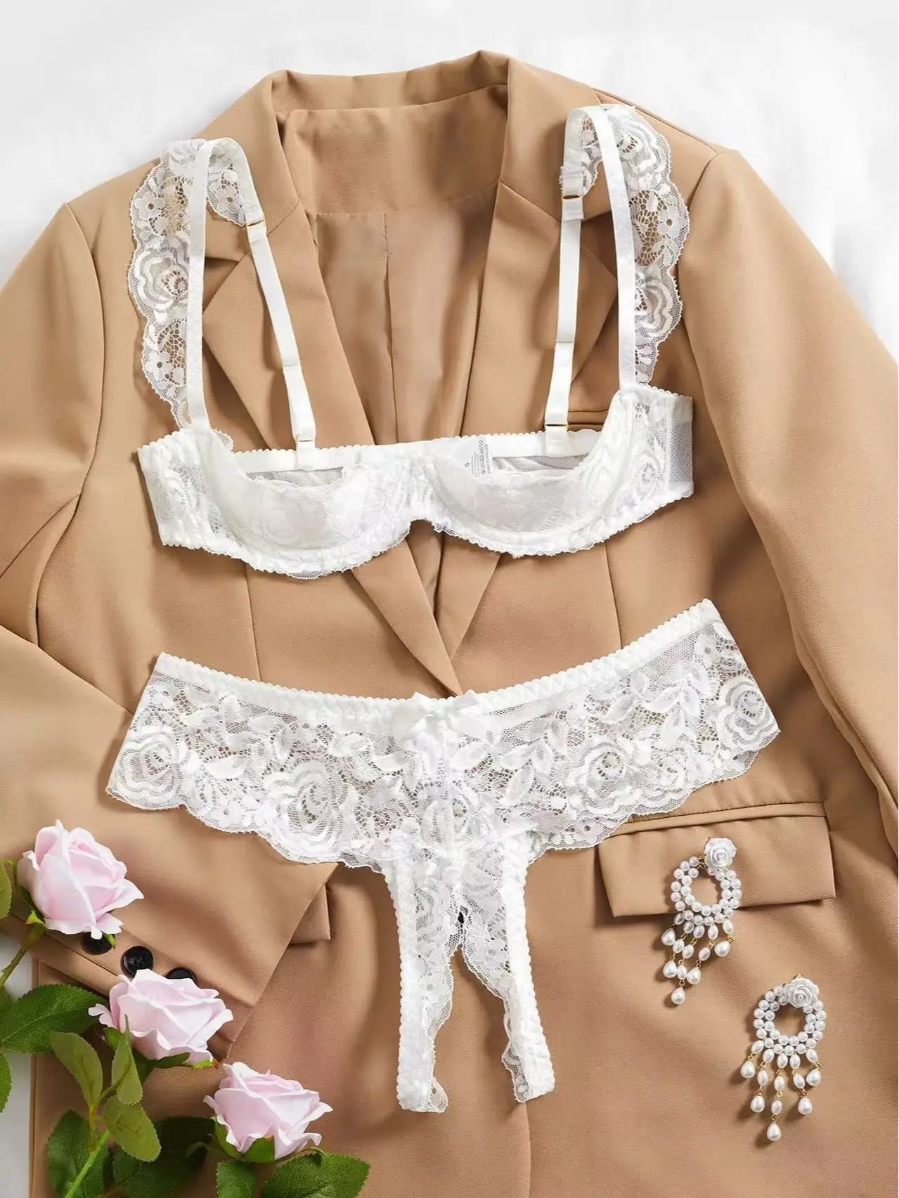 Women's 2-Piece Underwire Lingerie Set, Contrast Lace Sheer Straps Thong & Nightgown Slip, Nylon Fabric Underwear Women for Party Wear with Sexy Look (TikTok FYP Viral Christmas Gift), Women's Clothes, Low Waist