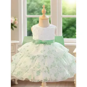 Green Bow Dress Multi-layer Cake Tutu Dress Baby Girl Birthday Party Christening