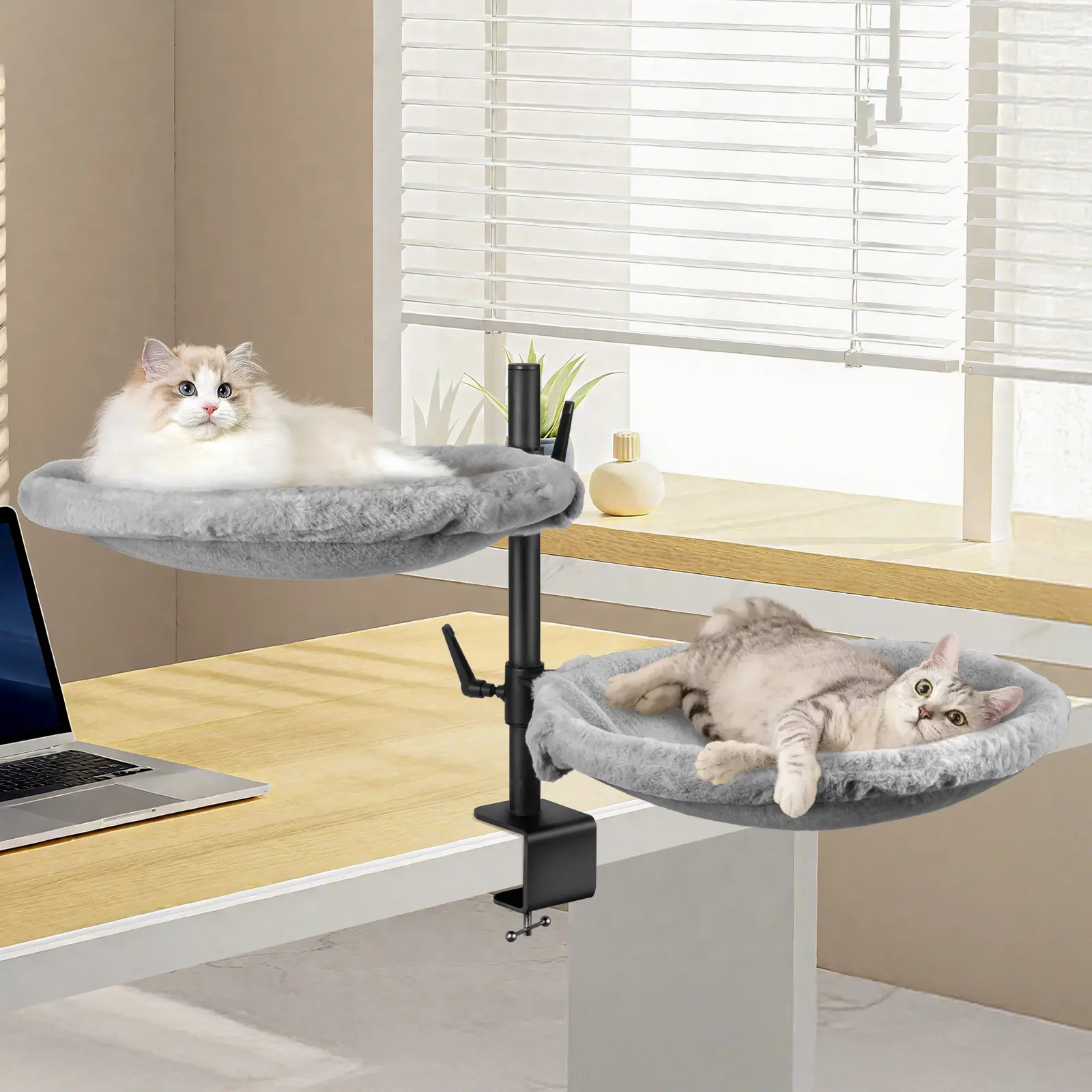 Unidevice Cat Desk Bed - Sturdy Cat Bed for Desk, Double Cat bed with 360° Rotating & Adjustable Height, Elevated Cats Nest Perch for Desk, Grey kitty machine washable bedding