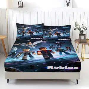 3-Piece Roblox Pattern Bedding Set, Bed Sheets, Comfortable Printed Design, Includes 1 Fitted Sheet & 2 Pillowcases, Non-Slip, Perfect Gift