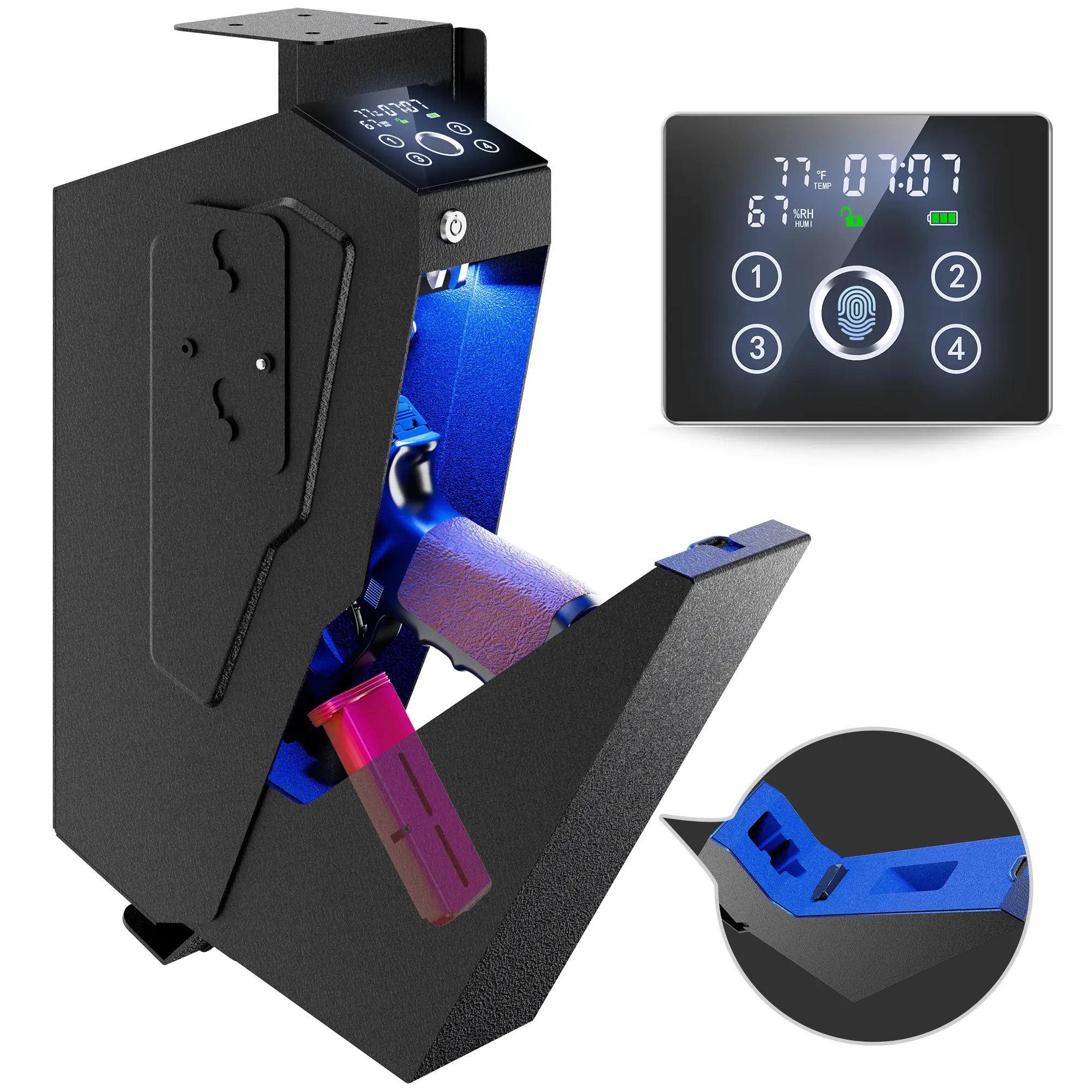 Quick Access Biometric Mounted Safe, Drop-Down Nightstand Safe, for Nightstand, Bed Side, Wall,Truck - Auto Open Hidden Gun Safe-with Fingerprint Mech