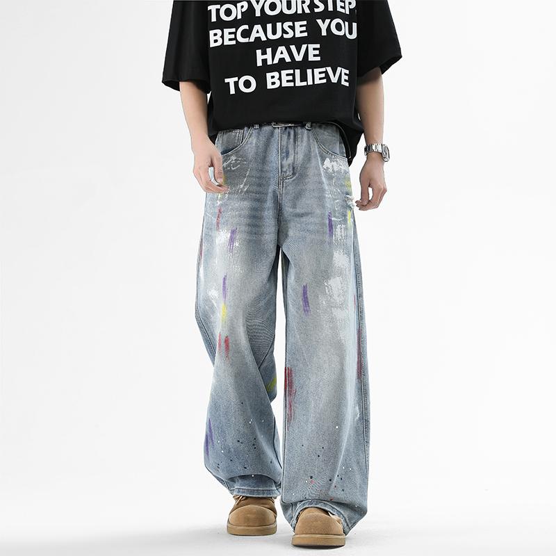 High Street New Trendy Brand Ripped Printed Jeans, Men's Washed Vintage High Street Long Pants for Spring and Fall, Loose Casual Versatile Straight Leg Pants, Niche Design Graffiti Splash Straight Mid-Rise Jeans, Wide Leg Trousers, Men's Jeans, Men's Bott