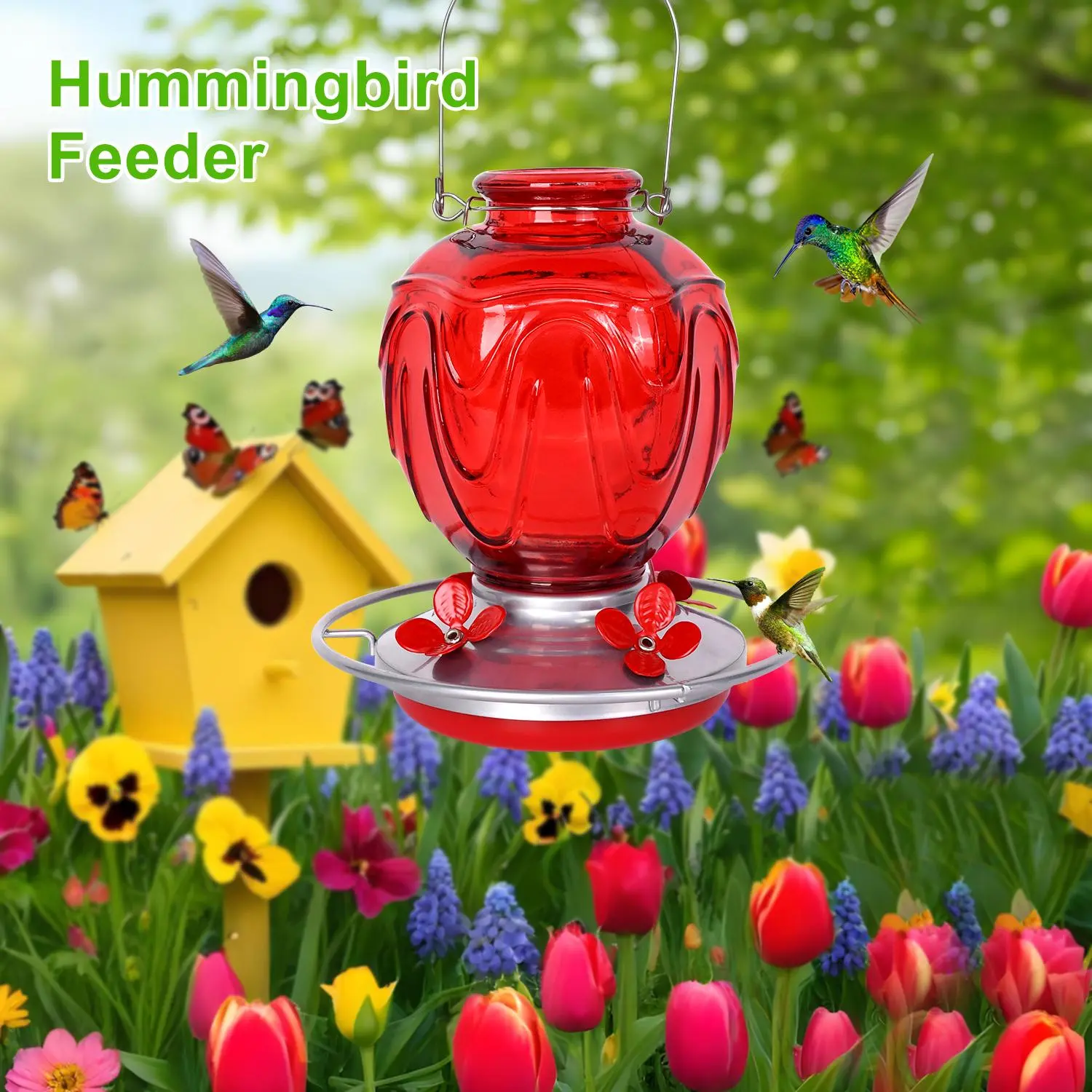 Outdoor Hanging Glass Hummingbird Feeder - Multi-Bird Feed for Balcony & Garden Decor Gift, 4 Flower-Shape Ports, Built-In Ant Moat, Leak-Proof Base, Wide Opening, Detachable, Easy Cleaning for Gardeners, Hanging Bird Feeders for Outdoors