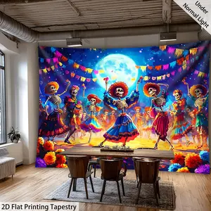 1pc Mexican Day of the Dead Tapestry - UV Glow Under Blacklight, Large Gothic Party Decor with Dancing Skeletons - Dia de los Muertos Wall Hanging for Halloween, Dia de los Muertos - No Electricity Needed, Easy Hang Indoor Decoration - Polyester Fabric Ho
